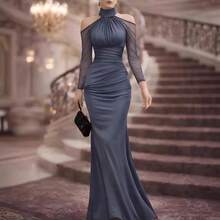 2026 New Sexy Style Of Sexy And Fashionable Party Dress With A Halter Neck, Elegant And Refined Chiffon Off-The-Shoulder Long-Sleeved Evening Gown - 灰色 - 查看 1