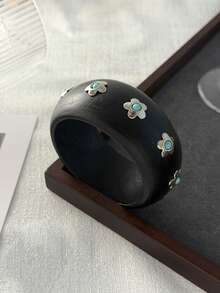 1pc Rustic Style Geometric Exaggerated Inlaid Faux Turquoise Flower Charm Jewelry Wooden Cuff Bracelet, Luxurious & Elegant, Suitable For Wedding, Banquet, Vacation, Party, Daily Casual, Street Style, Women, Couples, Holiday, Birthday, Versatile Gift - Bracelet - View 10