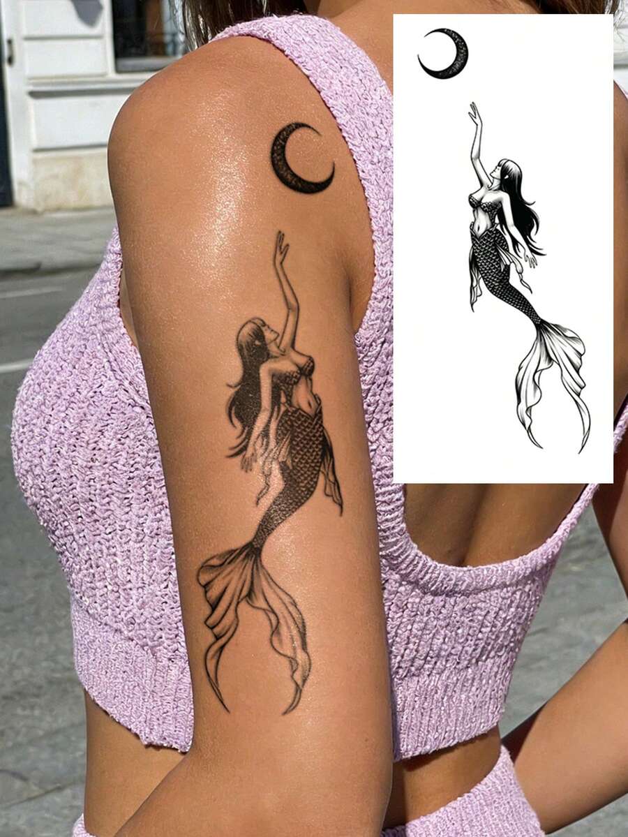 STARTTOOS Mermaid Pattern Temporary Tattoo Stickers, DIY Wrist Ankle Shoulder Neck Collarbone Waterproof Realistic Body Tattoo Stickers 1pc/Pack - Black - View 1