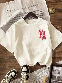 Loose-Fitting Short-Sleeved T-Shirt With Round Neck And Dropped Shoulders, Lobster Print, For Plus Size Women, Casual Summer Style And Beach Vacation. - Nude - View 3
