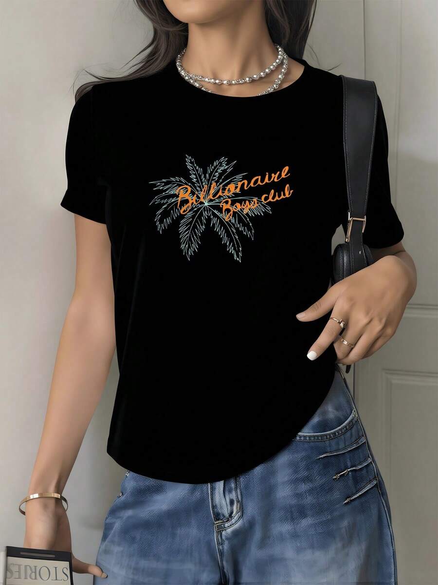 Palm Tree Symbolizing Freedom And Rest With Lettering That Evokes Positive Summer Energy And An Adventurous Spirit; Comfortable Casual Women's T-Shirt Perfect For Everyday Wear And Relaxed Moments - 黑色 - 查看 1