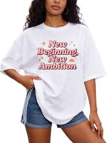 Women's Casual Basic T-Shirt, Crew Neck, Sizes S-2XL, 100% Pure White. Features A "New Beginning, New Goals" Print. Ideal For Lounging At Home And Matching Couple Outfits In Spring And Summer. Great As A Graduation Gift. . - 白色 - 查看 7