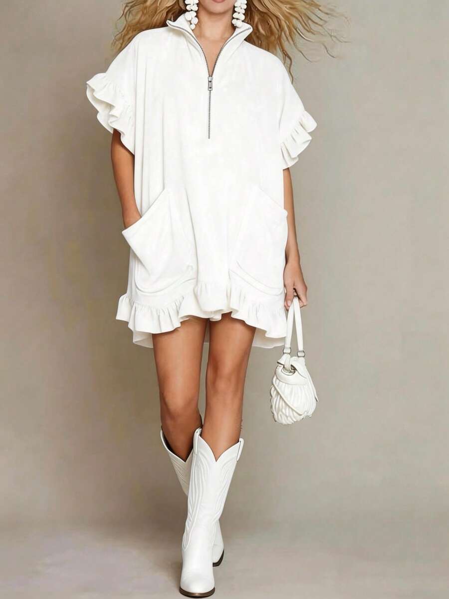 Vestido A-line con mangas cortas y volantes, dos bolsillos y cremallera, nueva colección primavera verano 2026 - Blanco - Ver 1
