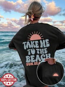 Women's Spring/Summer Clothing With Double-Sided Print, Vintage Style Top For Women, Sun And Beach Design, "Take Me To The Beach" Print, Versatile Short Sleeve, Drop Shoulder, Oversized T-Shirt, Women's Winter Clothing. - 黑色 - 查看 1