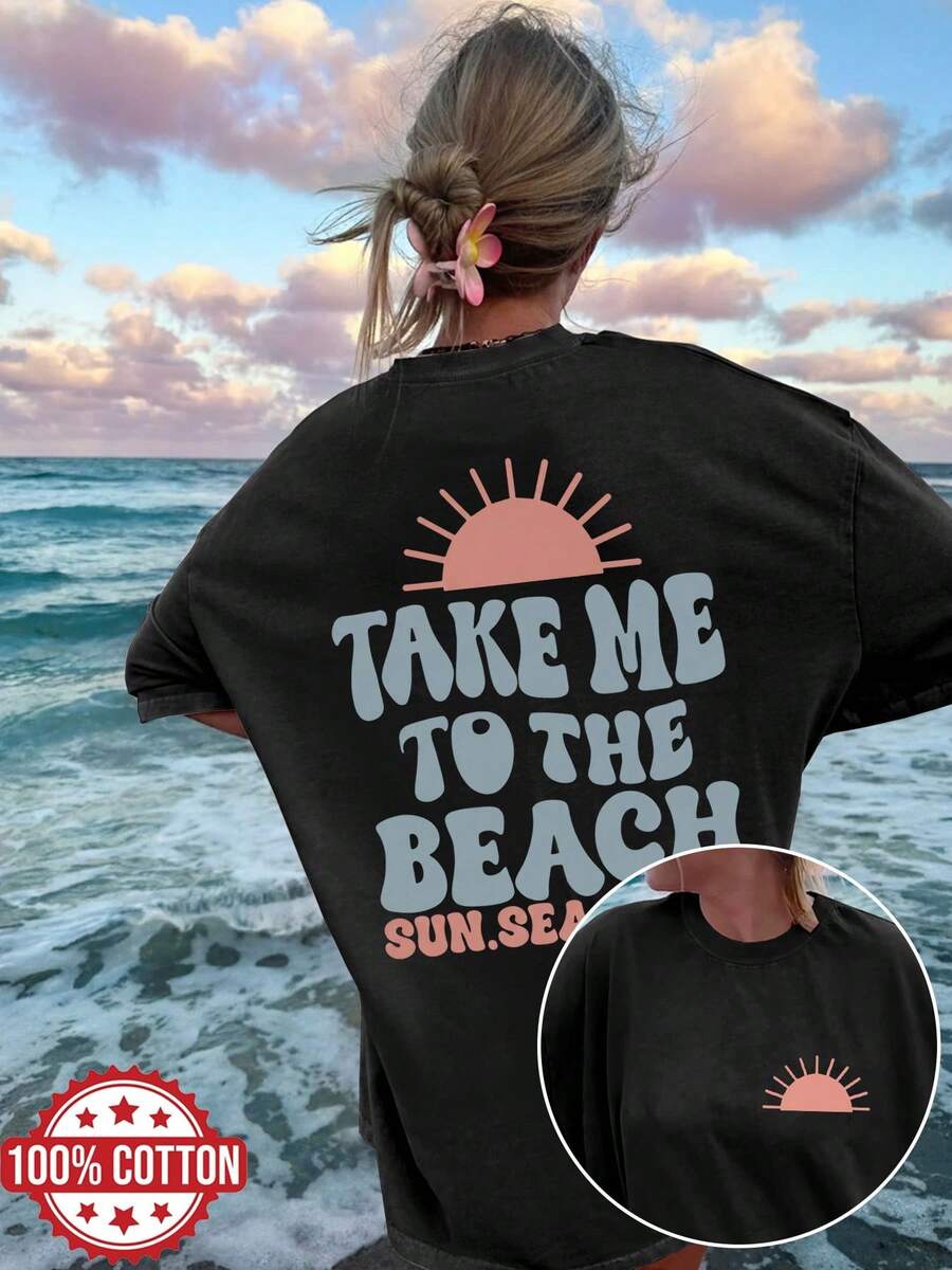 Women's Spring/Summer Clothing With Double-Sided Print, Vintage Style Top For Women, Sun And Beach Design, "Take Me To The Beach" Print, Versatile Short Sleeve, Drop Shoulder, Oversized T-Shirt, Women's Winter Clothing. - 黑色 - 查看 1
