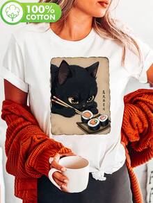 Camisetas manga corta mujer algodón cuello redondo , con estampado de un gato comiendo sushi, prenda informal de primavera/verano, ropa de mujer. - Blanco - Ver 1
