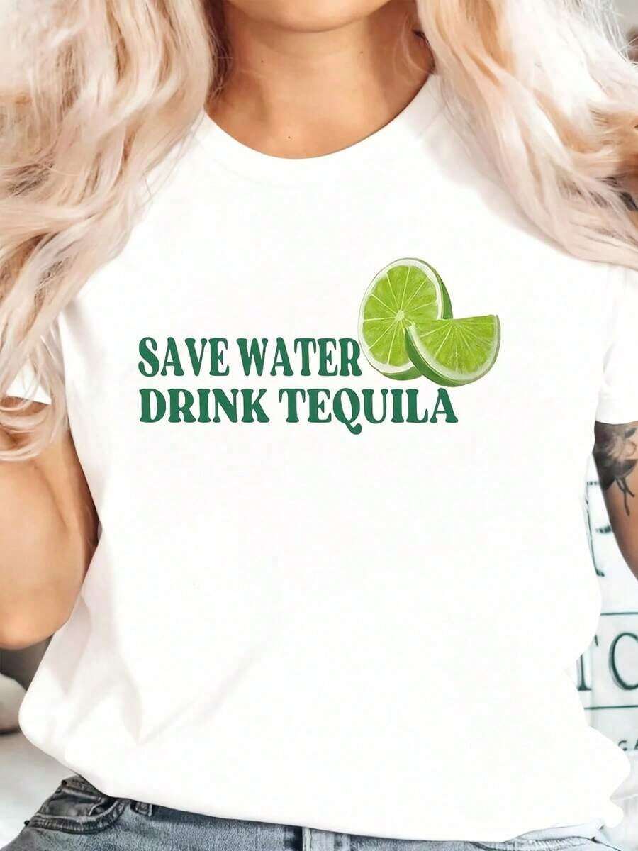 T-Shirt With The Print "Save Water, Drink Tequila" And A Lime Wedge For Casual Wear And Party Outfits. Women's Casual Blouse - 白色 - 查看 1