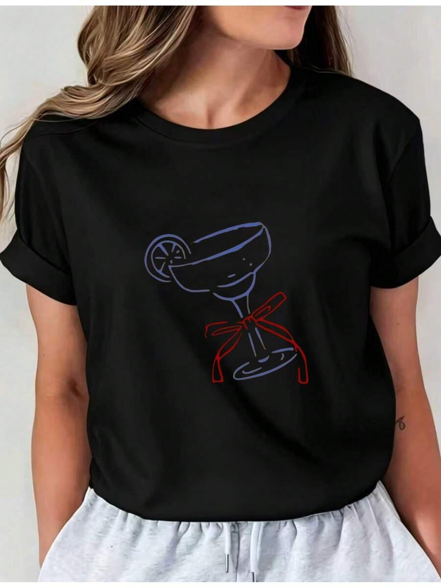 Camiseta Deportiva Casual para Mujer con Diseño Gráfico Minimalista de Copa de Cóctel - Camiseta Negra Elástica y de Cuello Redondo, Lavable aáquina, Ajuste Cómodo para Todas las Estaciones, Ropa Casual Femenina. - Negro - Ver 1