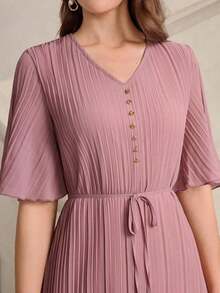 Vestido elegante de manga corta y cuello en V informal, vestido de verano, vestido de longitud hasta la rodilla, vestido del Día de San Valentín, vestido rosa, vestido para salir - Rosa - Ver 2