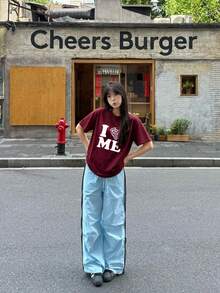Love Print Short Sleeve T-Shirt, Casual Loose Versatile Fashion Top, New Summer Collection - Burgundy - View 2