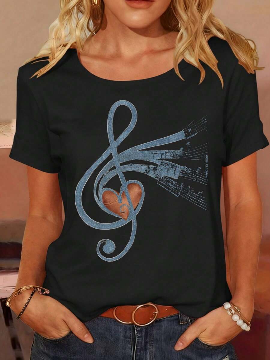 Women's T-Shirt With Creative Print, Soft Fabric, Casual And Comfortable, Easy To Match, Suitable For All Seasons. - 黑色 - 查看 1