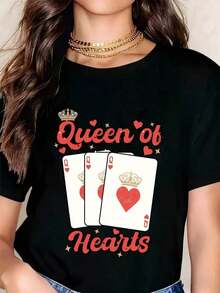 100% Cotton, Women's T-Shirt With Playing Card Print "Queen Of Hearts", Casual Summer T-Shirt For Women, Ideal For Parties And Everyday Wear. - 黑色 - 查看 6
