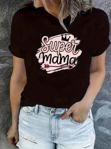 Women's Blouses. Women's Short-Sleeved T-Shirt, Modern And Charming Design - Exquisite "Super Mama" Letter Print, Comfortable And Breathable, Perfectly Matches Any Casual Look, Made Of Fabric, Easy To Care For, Ideal For Daily Wear And Meetings. Suitable For Spring, Summer And Autumn - 黑色 - 查看 6