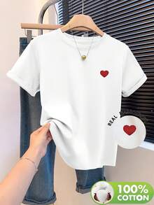 Camiseta de manga corta para mujer, 100% algodón, cuello redondo con corazón rojo, tejido suave y agradable al tacto, transpirable y cómoda, ideal para todas las estaciones, perfecta para salidas informales, lavable a máquina, ideal para amantes del arte y el diseño, estilo único - Blanco - Ver 2