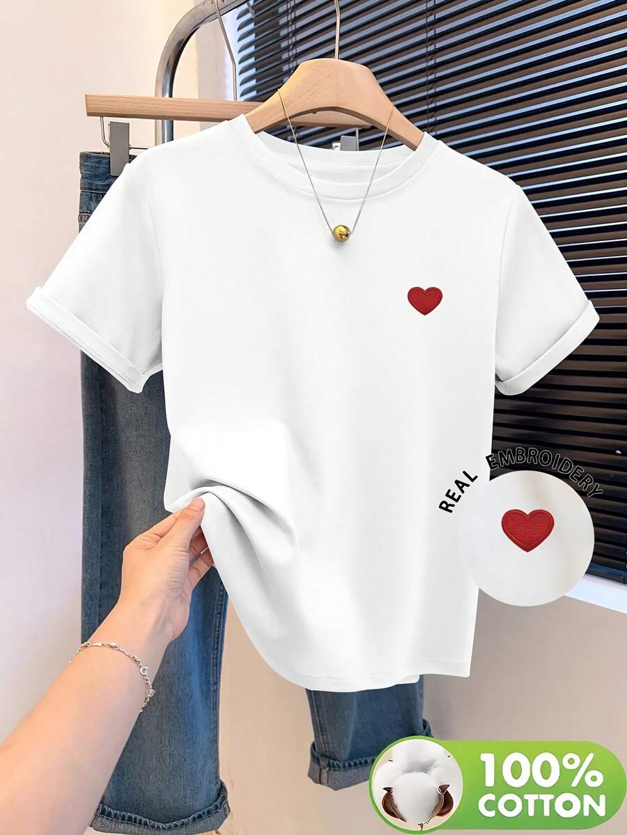 Camiseta de manga corta para mujer, 100% algodón, cuello redondo con corazón rojo, tejido suave y agradable al tacto, transpirable y cómoda, ideal para todas las estaciones, perfecta para salidas informales, lavable a máquina, ideal para amantes del arte y el diseño, estilo único
