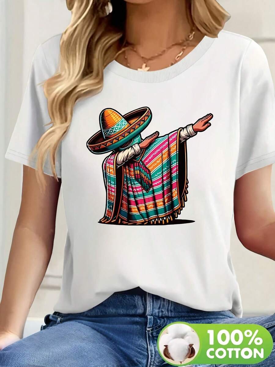 Camiseta de Algodón 100% con Estampado Mexicano para Hombre y Mujer - Diseño Vibrante de Sombrero y Poncho, Manga Corta Cuello Redondo Casual para Primavera/Verano, Lavable a Máquina, Ropa Temática Mexicana, Ajuste Cómodo