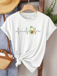 Camiseta de manga corta elegante para mujer, con estampado de aguacate y ECG, cuello redondo, a la moda, cómoda, suave, transpirable, nueva, versátil para el día a día, vacaciones, estilo casual vintage, disponible en tallas S-XXL, 100% algodón. - Blanco - Ver 6