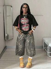 Women's Summer 2026 T-Shirt, Vintage Casual Streetwear Style Y2K Hippie Old Money, With Lip Graphics, Oversized White T-Shirts, Loose And Comfortable For Women - 黑色 - 查看 5
