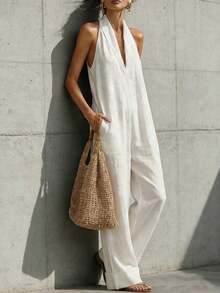 Women's Casual Sleeveless Jumpsuit Spring-Summer 2026, European American Minimalist And Elegant Style In Cotton Linen Fabric - 白色 - 查看 3