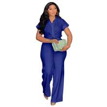 New Summer Collection Of Plus Size Women's Clothing, European And American Style, Two-Piece Set Consisting Of A Solid Color Short-Sleeved Shirt And High-Waisted Casual Pants. - 藍色 - 查看 1
