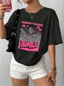 Women's Summer Clothes: Stylish Short-Sleeve Blouse With 'BUNGLE' Graffiti Print And Vibrant Abstract Patterns In Pink And Black, Comfortable And Soft Fabric, Fun Design, Perfect As A Gift For Her. Women's Summer Clothes: Stylish Short-Sleeve Blouse, Loose Fit, Comfortable And Breathable For Everyday Wear. Breathable And Comfortable. - 黑色 4 - 查看 2