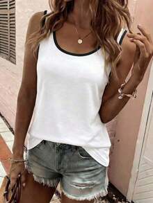 LUNE La nueva moda primavera y verano, chaleco casual de cuello redondo a rayas azul y blanco con cuello profundo rojo en contraste - Blanco - Ver 1