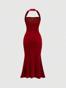 Vestido con cuello de halter y bajo de cola de sirena para mujer, vestido elegante sin espalda con pliegues sin mangas y ajuste ceñido color rosa intenso liso para fiestas y salidas nocturnas, vestido largo de mujer para primavera/verano - Rojo - Ver 2