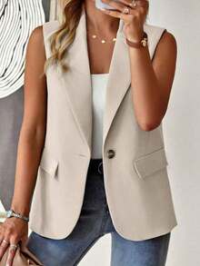informal sin mangas con cuello francés y botones de unicolor para mujer de talla grande - Caqui - Ver 1