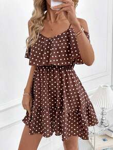 Vestido corto elegante de mujer con cuello en V, volantes, cintura y línea A, con estampado de lunares marrones y hombros descubiertos - Multicolor 3 - Ver 8