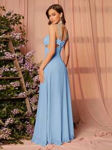Vestido de dama de honor elegante con tirantes finos y corte calado para el verano - Niebla azul - Ver 2