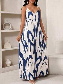 Lady Vestido largo casual de mujer con estampado floral, bolsillo con abertura - Azul y blanco - Ver 4
