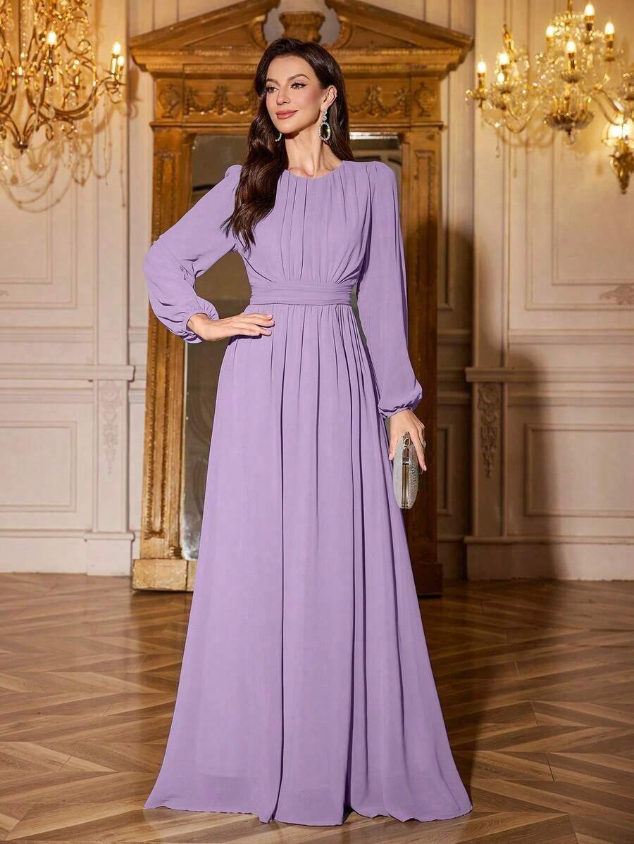 Vestido de dama de honor de manga linterna de unicolor elegante y extra largo - Púrpura polvoriento - Ver 1