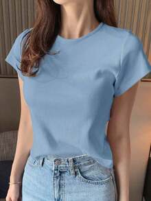 Camiseta básica de mujer de cuello redondo y manga corta, de unicolor, para primavera/verano, de estilo casual de negocios para el Día de Pascua - Celeste - Ver 7