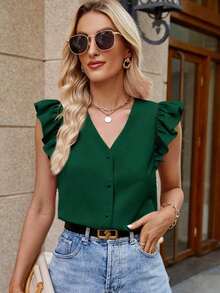 Clasi Blusa blanca elegante y casual con cuello en V, mangas con volantes, falso bordado y estampado floral, adecuada para primavera/verano - Verde Oscuro - Ver 6