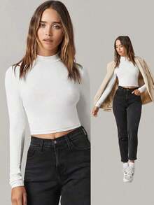 Camiseta corta de cuello alto sólida de tortuga blanca para mujer - Blanco - Ver 6