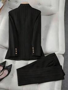 Conjunto de traje a rayas, blazer de negocios casual de doble botonadura y pantalones a medida, estilo versátil adecuado para varias ocasiones, conjunto de 2 piezas - Negro - Ver 2