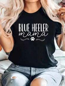 Women's Graphic T-Shirts, Casual Short Sleeve Crew Neck T-Shirt With 'Blue Heeler Mama' Print, Regular Fit, Knit Fabric For Everyday Wear, Cotton - 2 - 查看 1