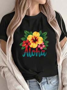 Camisetas ligeras con estampados florales y de letras a la moda, camiseta casual de manga corta y cuello redondo, ropa de mujer, ropa de mujer de talla estándar, 100% algodón, opción popular. - Negro - Ver 6
