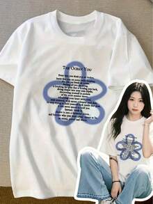 Camiseta de manga corta para mujer con estampado de letras de dibujos animados, diseño de verano moderno y elegante, top holgado y favorecedor con cuello redondo - Blanco - Ver 7