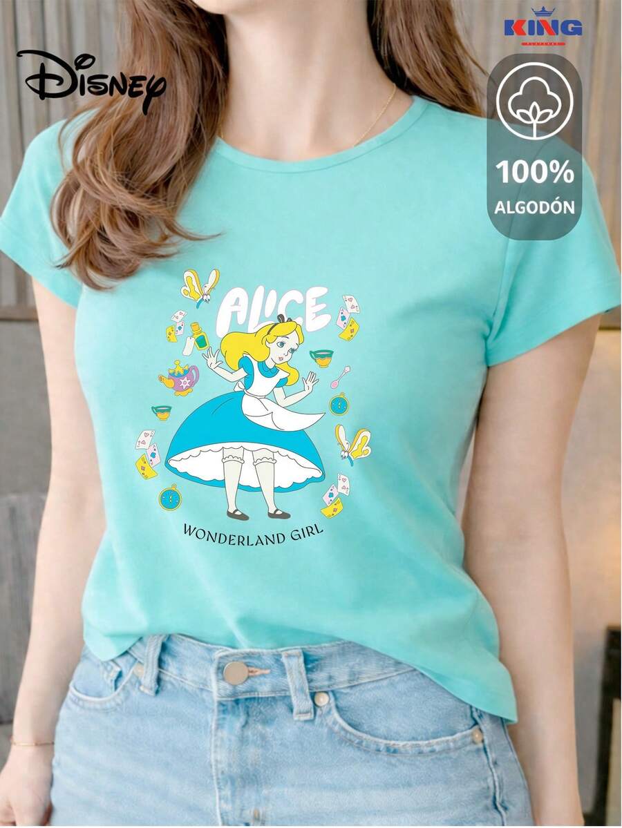 Women's T-Shirt Made Of 100% High-Quality Cotton, This T-Shirt Guarantees Exceptional Softness To The Touch, Round Neck With "Disney Alice Journey" Print And Short Sleeves - 水 - 查看 1
