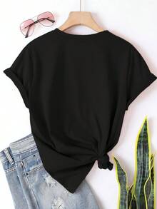 New Women's Casual Printed T-Shirt, Ideal For Spring, Summer, And Autumn. Versatile Short-Sleeved Top With A Round Neck, Soft And Breathable, Comfortable Against The Skin, And Cool For Summer. Perfect For Elegant Parties, Stylish Ladies' T-Shirts, Blouses Suitable For Curvy Women, Prom Skirts, And Casual Wear. Features Adorable Animal Prints And Fun Letter Prints. - 黑色 - 查看 2