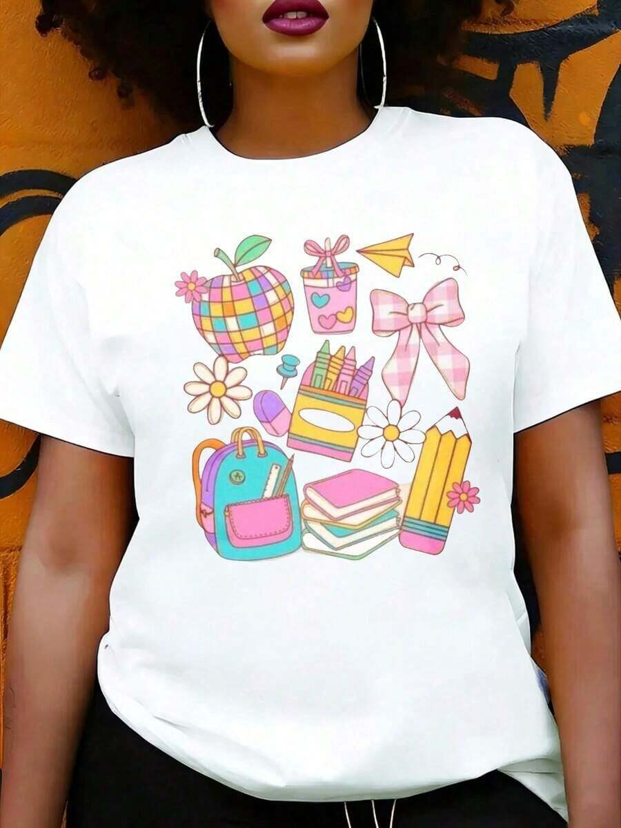 Camiseta de Mujer con Diseño Escolar Lindo y Colorido, con Mochila, Lápices, Cuadernos y Flores, Perfecta para la Temporada de Regreso a Clases, Regalo Ideal para Estudiantes y Maestros - Blanco - Ver 1