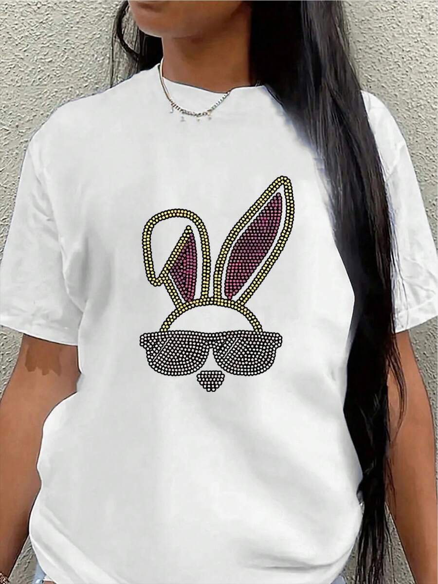Polyester Short-Sleeved T-Shirt, Adorned With Rhinestone Bunny Ears And A Stylish Glasses Design, Lightweight And Durable, Suitable For Casual Wear At Home, Restaurants, Or Parties; A And Unique Item For Adults. Women's Blouses > Clothing - 白色 - 查看 1