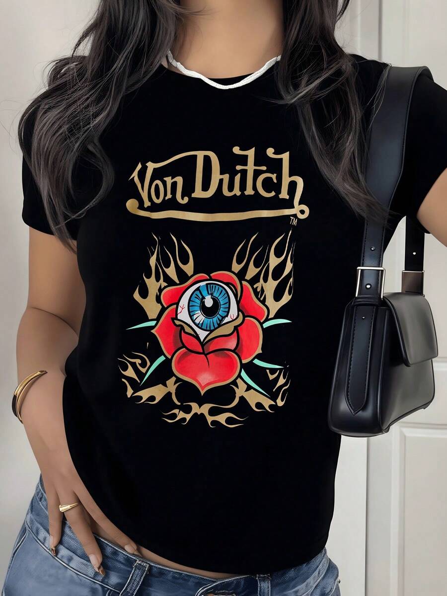 Fiery Rose With A Blue Eye Symbolizing Inner Vigilance And Luminous Passion. Modern And Comfortable Women's T-Shirt For Everyday Wear. - 黑色 - 查看 1