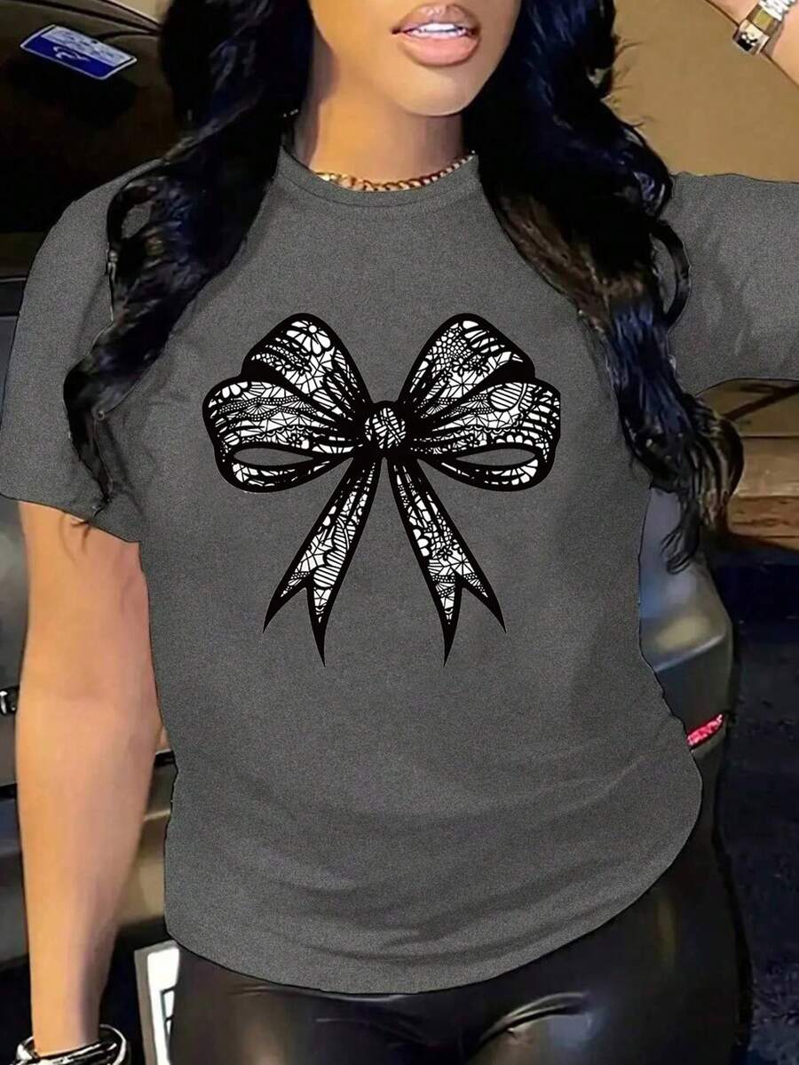 Women's Oversized Grey Summer 2026 T-Shirt With Shiny Black Rhinestone Bow. Oversized Grey T-Shirt With Shiny Bow, Ideal For Casual And Evening Outfits. - YH620-灰色 - 查看 1