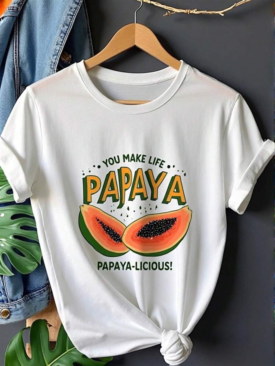 Soft T-Shirt Wo S - Tropical Papaya And Mangosteen Print T-Shirt | Breathable Summer Top For Everyday Wear - Loose Fit Crew Neck T-Shirt - Machine Washable White Blouse - Perfect Gift For Papaya Lovers - Comfortable Papaya Clothing - 白色 - 查看 1