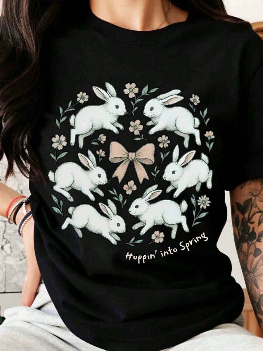 Hoppin Into Spring Bunny Floral Design  T Shirt Women Easter Spring Seasonal Graphic Tee Cute Rabbit Print TopPlayera Holgada para Mujer - Negro - Ver 1