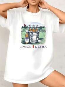 Women's Golf T-Shirt With A Graphic Beer Print, Featuring A Michelob Ultra Golf Design. Made Of 100% Cotton, It Has A Crew Neck, A Relaxed Fit, And Comes In A Single Pack. These T-Shirts Make Excellent Gifts For Friends And Family. Casual Style. - 白色 - 查看 1
