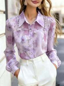 Women's Long-Sleeved Shirt With Tiny Floral Print And Pearl Necklace Detail, Romantic Casual Shirt Suitable For The Office, Vacation, Home, Dates And Festive Occasions, Spring/Summer/Autumn, Long-Sleeved Blouse With Tiny Floral Print - 灰色 - 查看 8