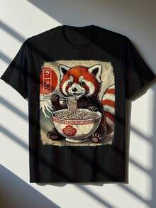 Funny Men's T-Shirt With Red Panda Eating Ramen Design, Japanese Kawaii Anime Style - Black, Casual, Short Sleeve, Round Neck, Suitable For Outdoor Activities And Daily Wear - 黑色 - 查看 1